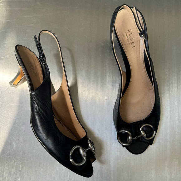 Gucci Vintage Horsebit Kitten Strapback Heels in Black size 38 - Picture 1 of 4
